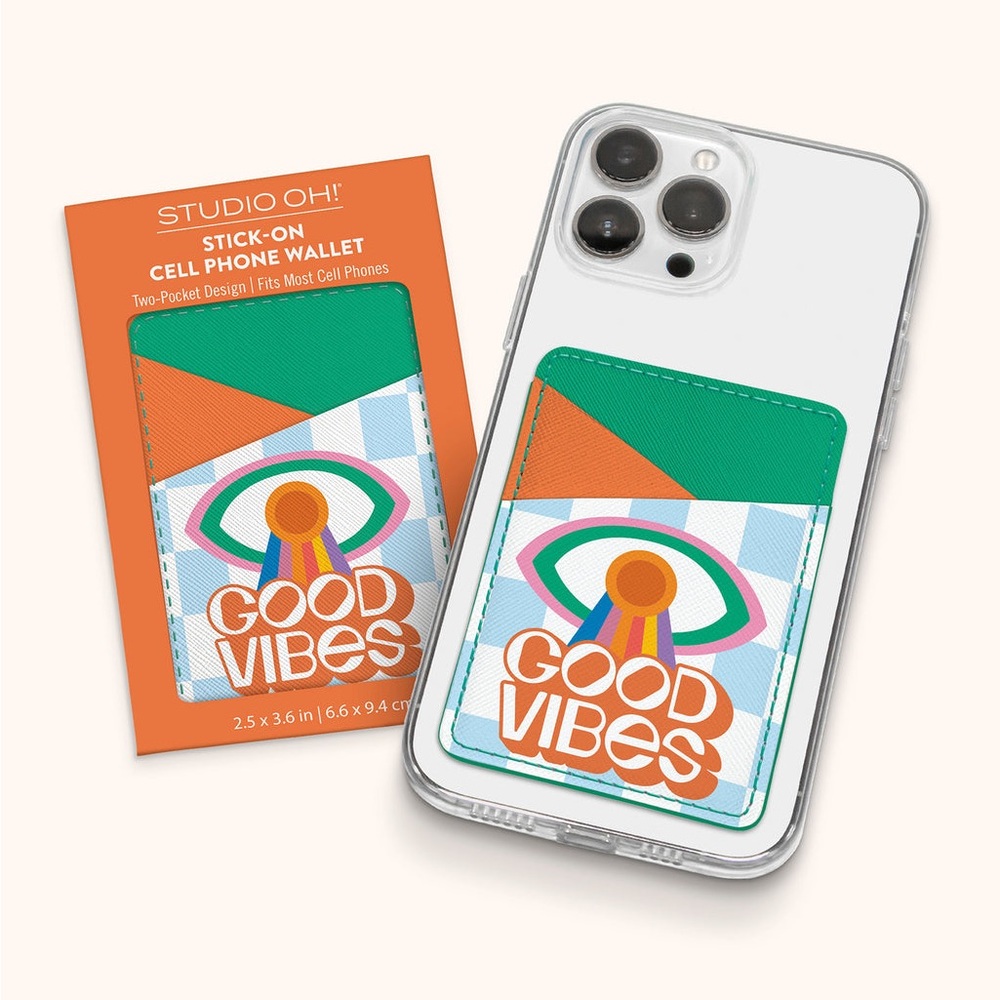 Studio Oh Stick On Cell Phone Wallet Good Vibes Eye Rainbow Orange Green NWT